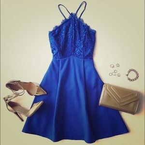 Lulu's Pleats&Thanks Royal Blue Lace Skater Dress